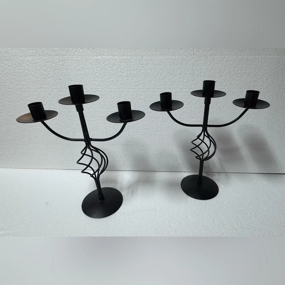 Elegant Black Metal 3-arm  Candelabra Set
